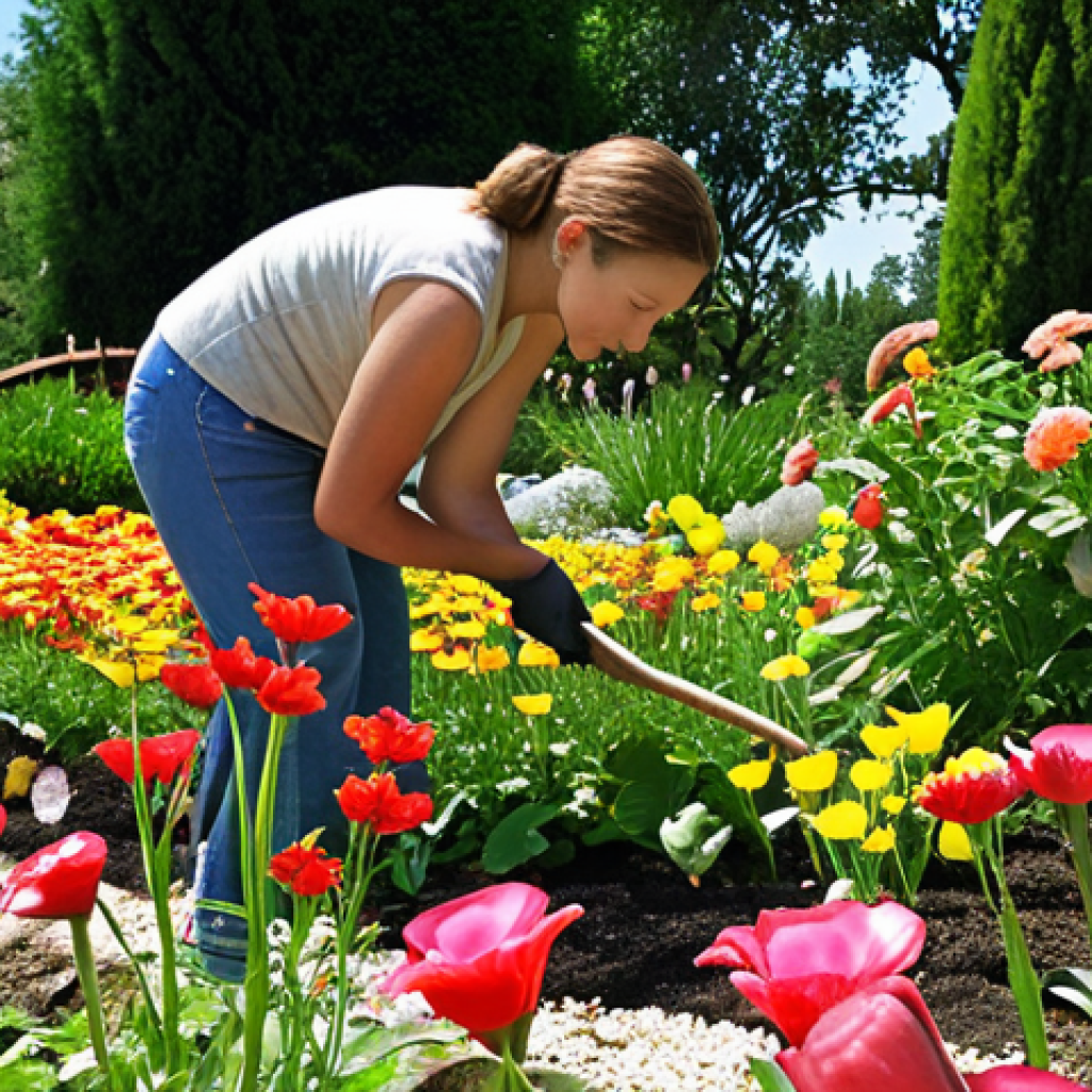 **

A vibrant garden filled with diverse flowers. In the foreground, someone is carefully tending to the plants, pulling out weeds and adding fertilizer. The background shows a clear blue sky and a sense of peacefulness. The image should convey the idea of prioritizing values and creating a positive environment for growth.
